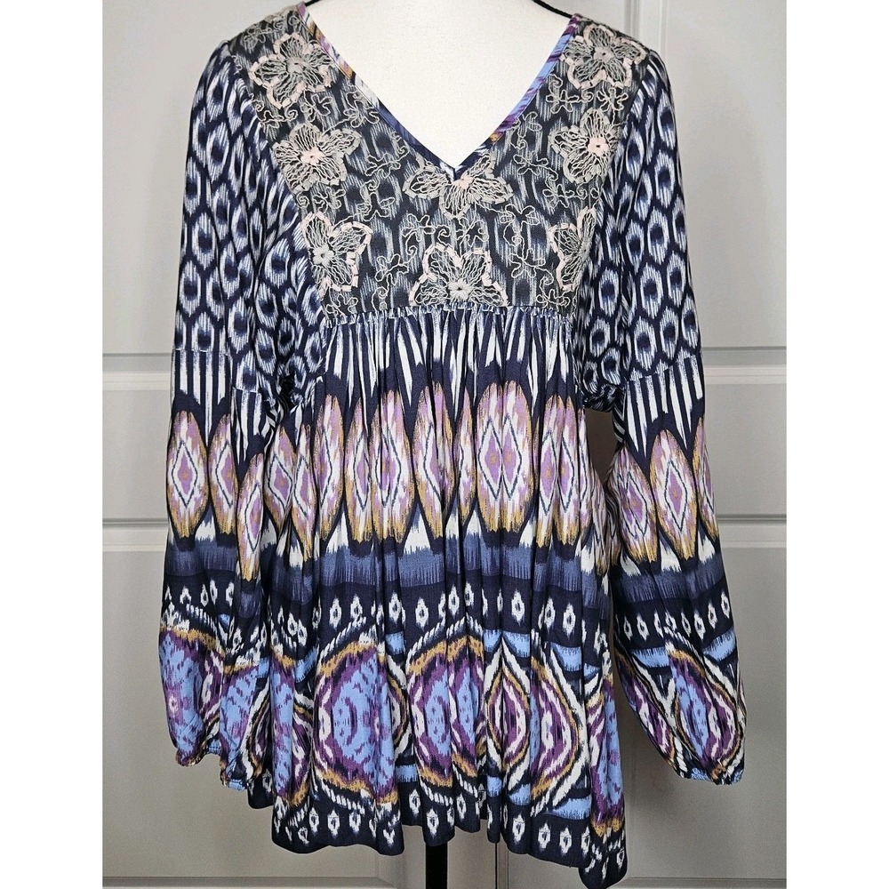 Sundance Women Blue Ikat Print Lace V-Neck Empire Waist Boho Tunic Top Small